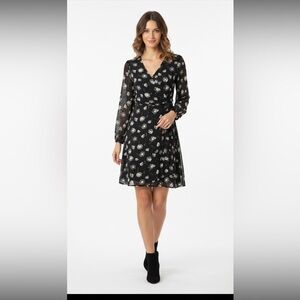 Collective Concepts Women’s Faux Wrap White Floral Dandelion Design Black Dress